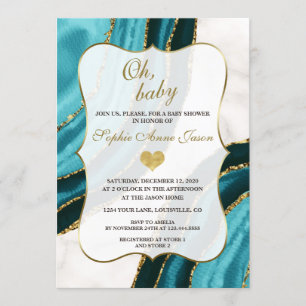 Invitación Turquesa acuarela Agate Gold Baby Shower