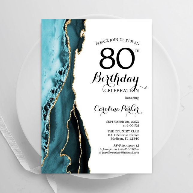 Invitación Turquesa Agate Oro Blanco 80 cumpleaños (Subido por el creador)