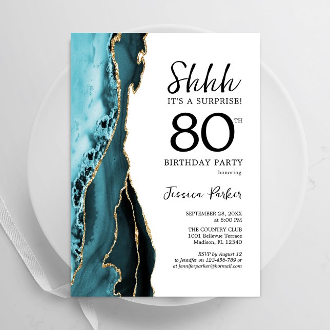 Invitación Turquesa Agate Oro Blanco Sorpresa 80 cumpleaños (Subido por el creador)