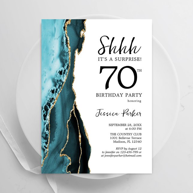 Invitación Turquesa Agate White Gold Sorpresa 70 cumpleaños (Subido por el creador)