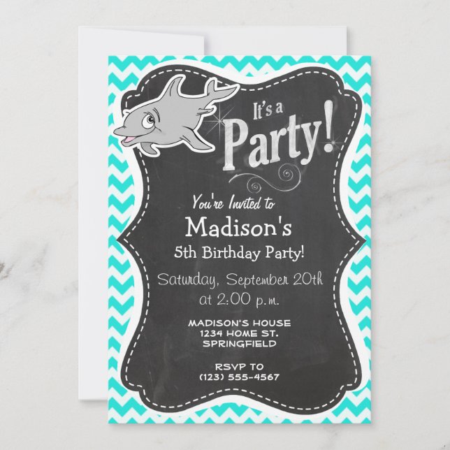 Invitación Turquesa, Aqua Color Chevron; Delfín (Anverso)