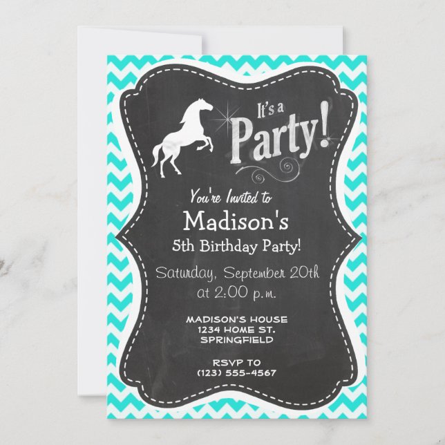 Invitación Turquesa, Aqua Color Chevron; Ecuestre (Anverso)