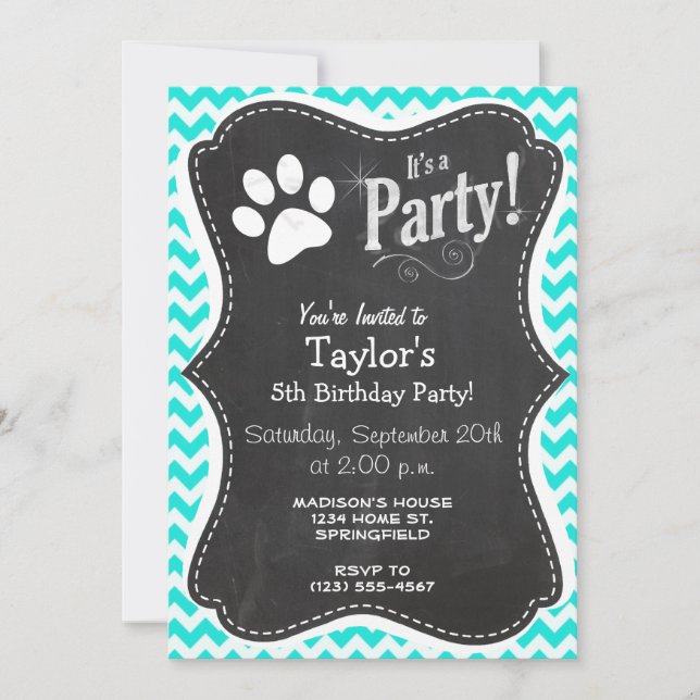 Invitación Turquesa, Aqua Color Chevron; Paw Print (Anverso)
