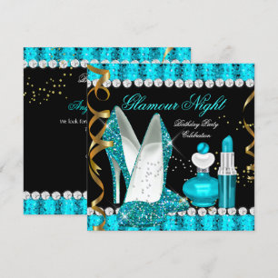 Invitación Turquesa Aqua Noche de Glamour Dorado Negro