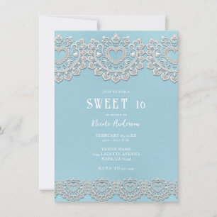 Invitación Turquesa Azul Blanco Encaje Corazón Dulce 16