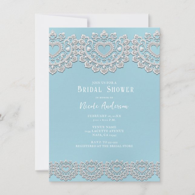 Invitación Turquesa Azul Blanco Encaje Corazón Fiesta de Desp (Anverso)