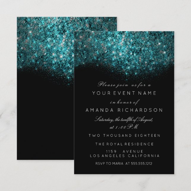 Invitación Turquesa Azul Brillante Glitter Negro Blanco Event (Anverso / Reverso)
