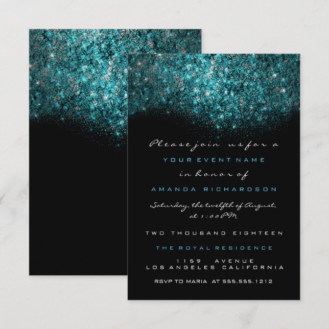 Invitación Turquesa Azul Brillante Glitter Negro Blanco Ofici (Anverso / Reverso)