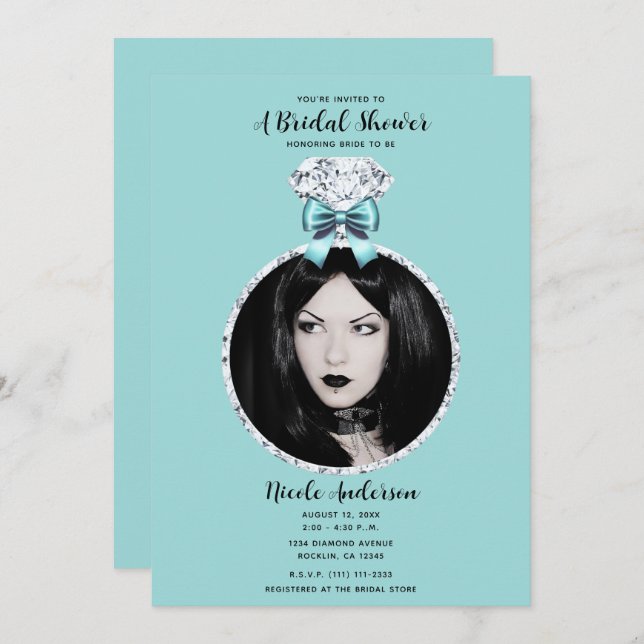 Invitación Turquesa Azul Diamante Bling Ring Brillante Shower (Anverso / Reverso)
