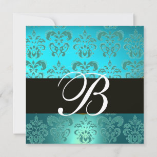 Invitación TURQUESA AZUL NEGRO  DAMASCO MONOGRAMA , aguamarin