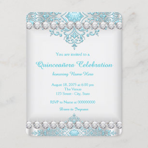 Invitación Turquesa Azul y Diamante de Plata Quinceañera