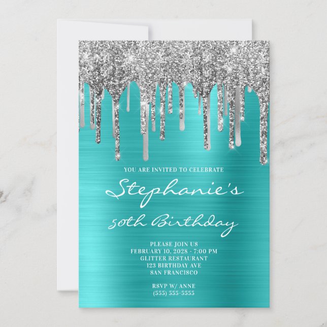 Invitación Turquesa Azul y Goteo de Plata Cumpleaños 50 (Anverso)