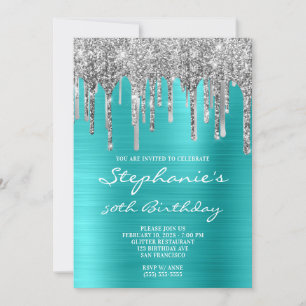 Invitación Turquesa Azul y Goteo de Plata Cumpleaños 50