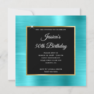 Invitación Turquesa Azul y Oro Hoja Cumpleaños Negro 50