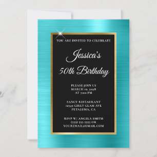 Invitación Turquesa Azul y Oro Negro Cumpleaños 50