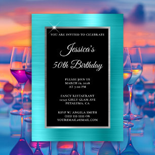 Invitación Turquesa Azul y Plata Hoja Negra Cumpleaños 50
