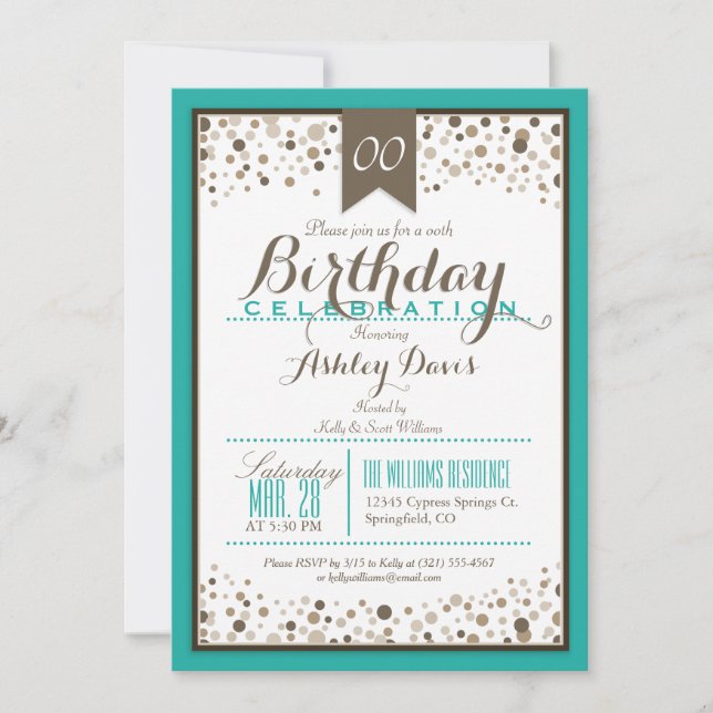 Invitación Turquesa, blanca y taupe fiesta de cumpleaños mode (Anverso)
