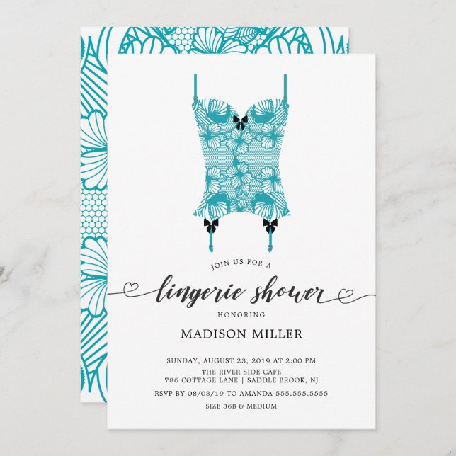 Invitación Turquesa Blue Lace Corset Bridal Lingerie Shower (Anverso / Reverso)