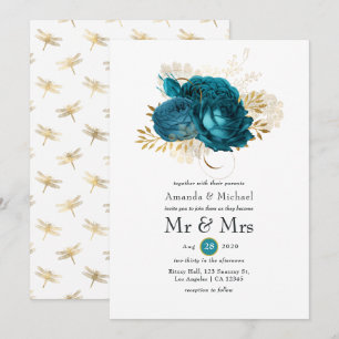 Invitación Turquesa - Boda floral dorada y turquesa