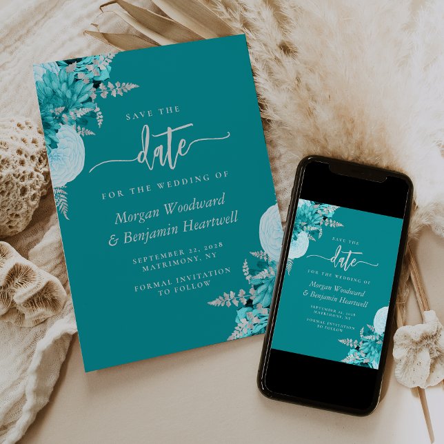Invitación Turquesa Boda Floral Save the Date de Plata (Subido por el creador)
