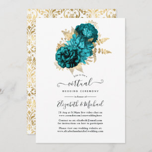 Invitación Turquesa - Boda floral Verde azulado y dorado