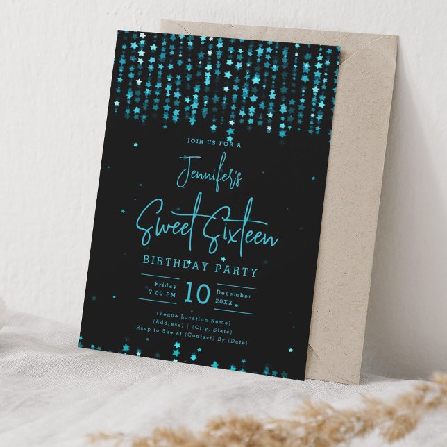 Invitación Turquesa Cae Las Estrellas Dulce Fiesta de Cumplea (Turquoise Falling Stars Sweet 16 Birthday Party Invitation)