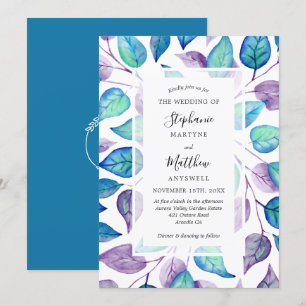Invitación Turquesa color púrpura deja Boda de follaje