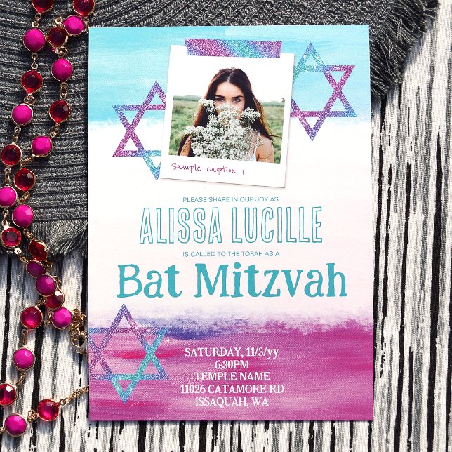 Invitación Turquesa colorida, Bat Mitzvah, Purpurina Rosa Cal (Abstract brush stroke, pink turquoise bat mitzvah invitations, star of david & photo)