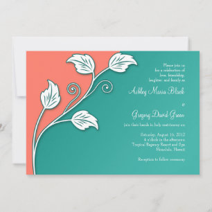 Invitación Turquesa, coral Boda de vino de hojas blancas