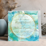 Invitación Turquesa de agua Gemstone | Boda de anillos de oro<br><div class="desc">Invitación a bodas cuadradas y únicas con un patrón de piedra de gema turquesa color agua que enmarca los detalles de tu boda en un círculo semitransparente acentuado por dos círculos rústicos de oro. tonos azul acuático, verde verde azulado y dorado. El reverso es un degradado de color bonito en...</div>