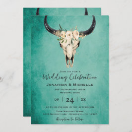Invitación Turquesa de cráneo de vaca floral boho todo en un 