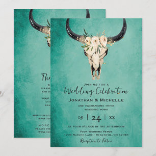 Invitación Turquesa de cráneo de vaca floral boho todo en un