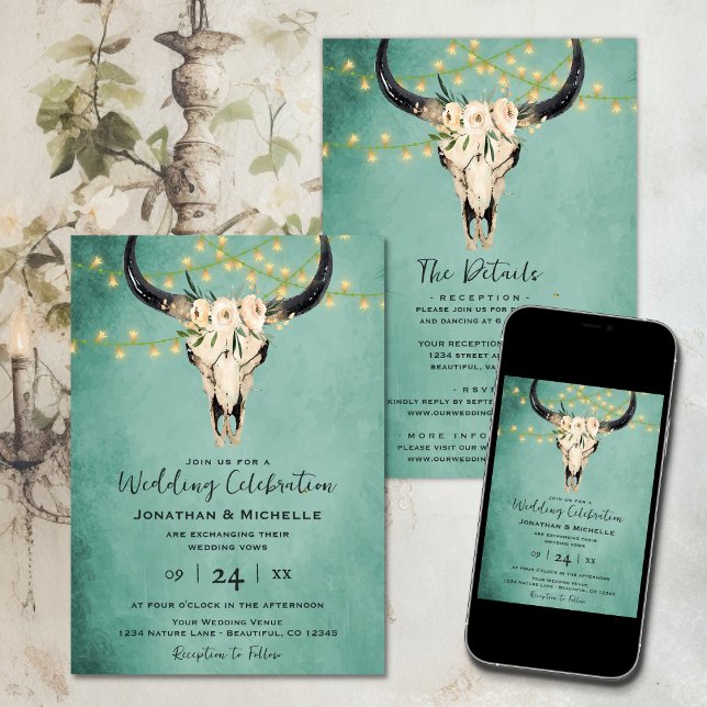 Invitación Turquesa de cráneo de vaca floral boho todo en un  (Boho Floral Cow Skull Turquoise All in One Wedding Invitation
)