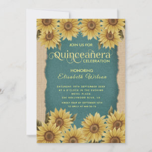 Invitación Turquesa de girasol vintage de línea Quinceañera
