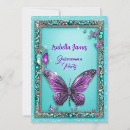 Invitación turquesa de perlas moradas mariposa moderna de mod