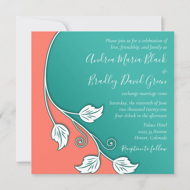 Invitación Turquesa de vino leafy, Boda blanco de coral (Anverso)