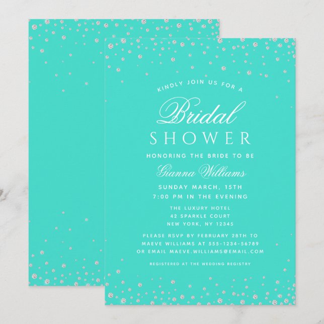 Invitación Turquesa Diamonds Moderno Ducha Bridal De Lujo (Anverso / Reverso)