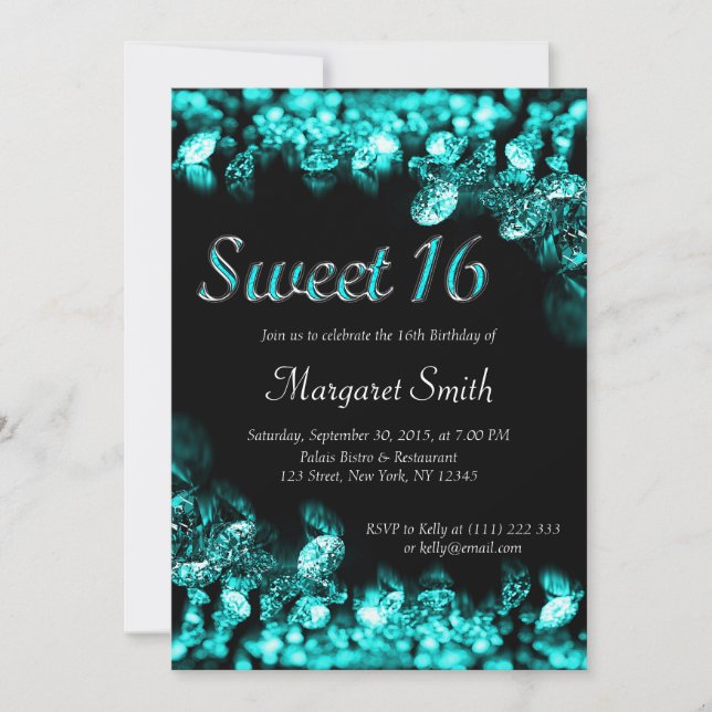 Invitación turquesa dulce 16 diamantes (Anverso)