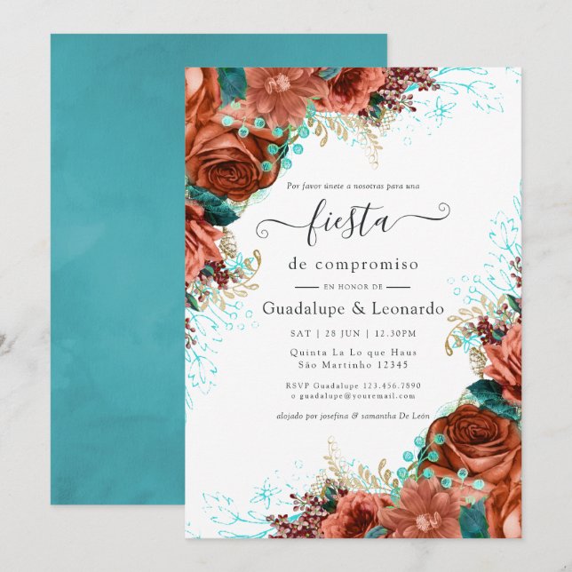 Invitación Turquesa Española y Coral Floral Fiesta de Comprom (Anverso / Reverso)