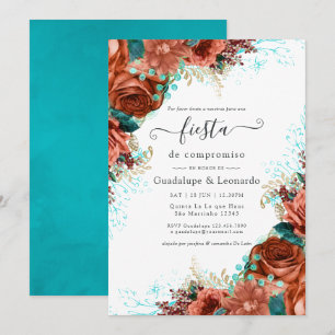 Invitación Turquesa Española y Coral Floral Fiesta de Comprom