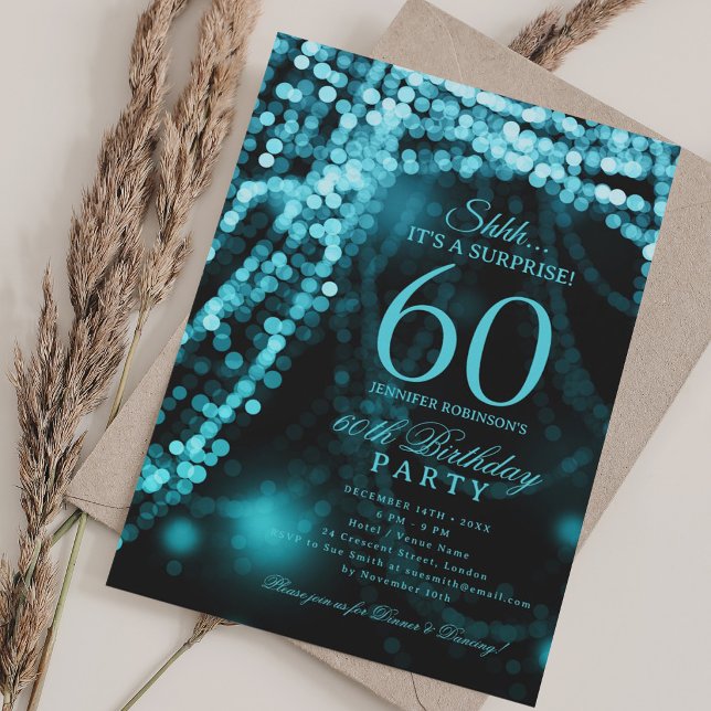 Invitación Turquesa | Fiesta de cumpleaños sorpresa número 60 (Turquoise | Surprise 60th Birthday Party Invitation)