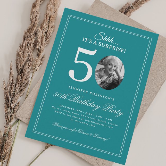 Invitación Turquesa | Fiesta sorpresa de cumpleaños 50 (Turquoise | Surprise 50th Birthday Party Invitation)