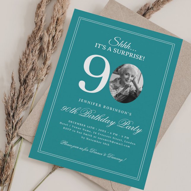 Invitación Turquesa | Fiesta sorpresa de cumpleaños 90 (Turquoise | Surprise 90th Birthday Party Invitation)