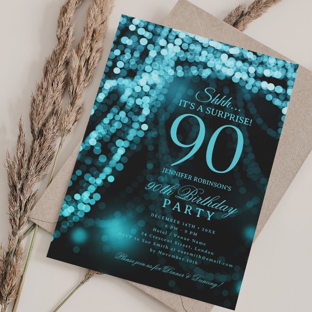 Invitación Turquesa | Fiesta Sorpresa de Cumpleaños 90  (Turquoise | Surprise 90th Birthday Party Invitation)