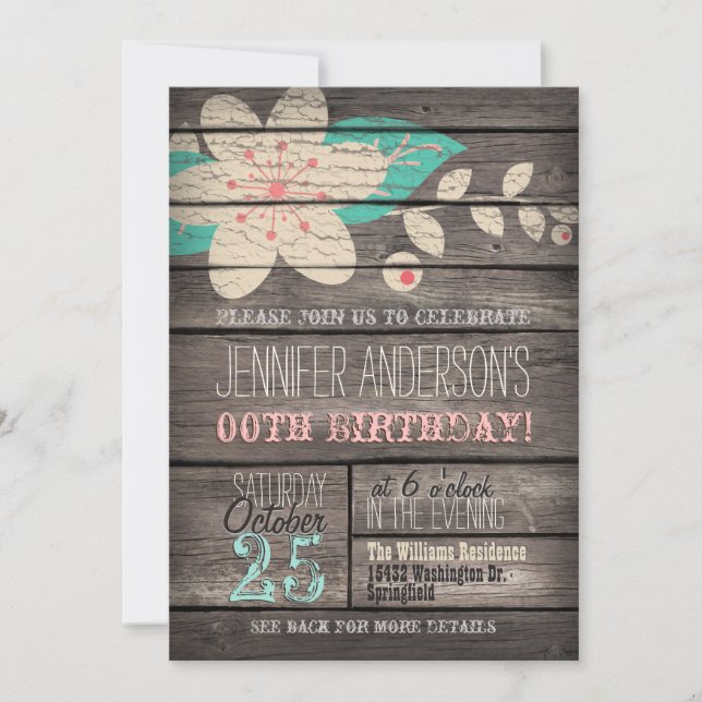Invitación Turquesa, Flor Rosa, Adulto Rústico Cumpleaños (Anverso)