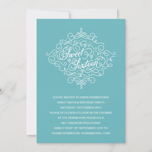 Invitación Turquesa Flourish Sweet Dieciséis Fiesta de Cumple (Anverso)