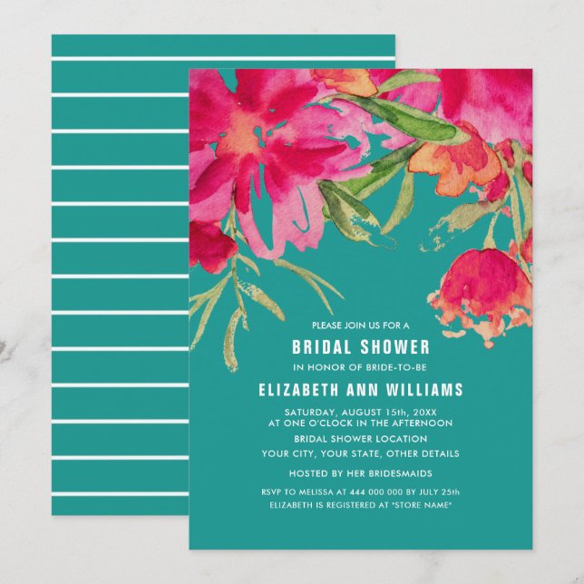 Invitación Turquesa| Fuchsia Watercolor Floral Brillante Duch (Anverso / Reverso)