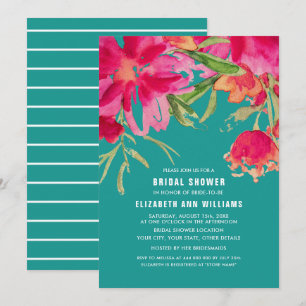 Invitación Turquesa  Fuchsia Watercolor Floral Brillante Duch
