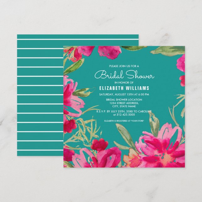 Invitación Turquesa Fuchsia Watercolor Floral Brillante Ducha (Anverso / Reverso)
