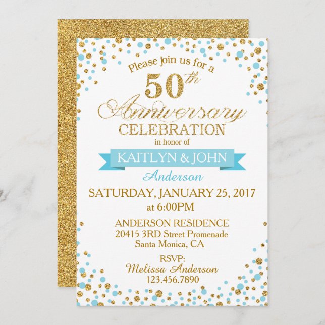 Invitación Turquesa Glitter Dorado Puntos 50 Aniversario (Anverso / Reverso)